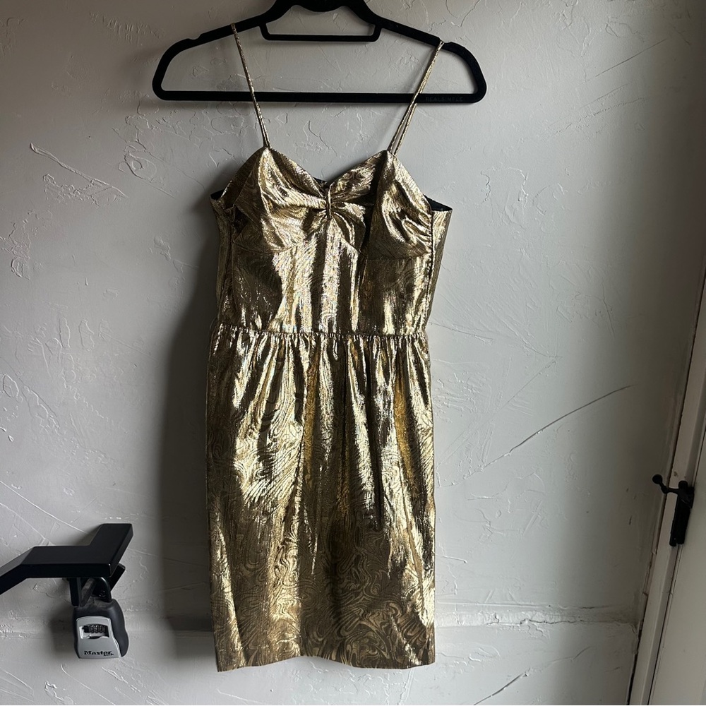 Vintage Glam Pellini Gold Lamé 80s Dress Babydoll Bodice Drop Waist Sz XS‎ Party